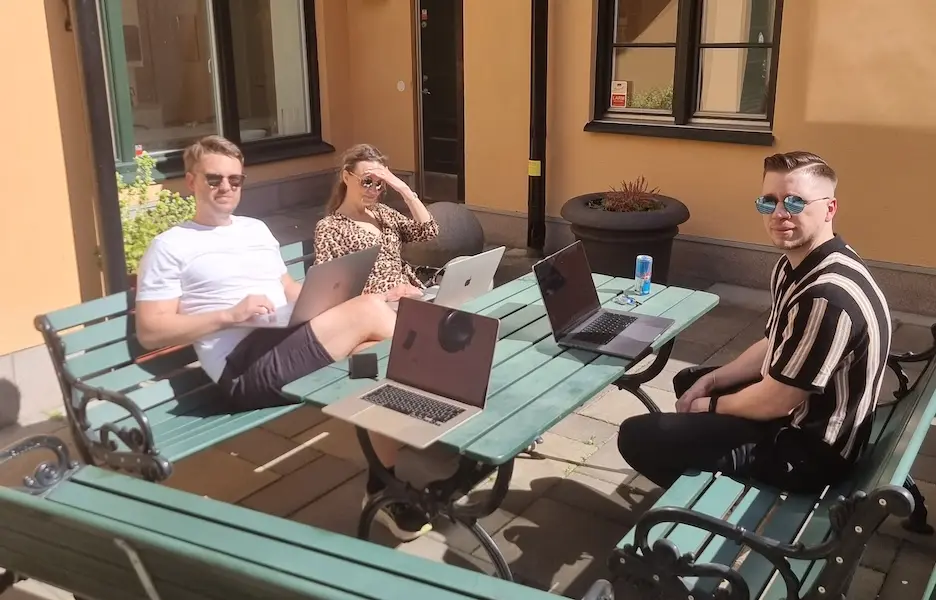 Netler consultants working outside with laptops